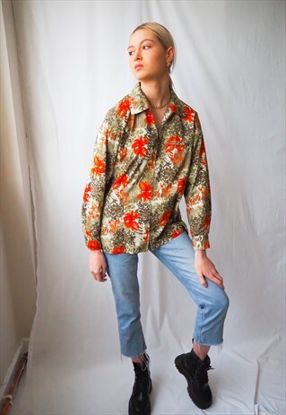 VINTAGE REVIVAL 1980'S ORANGE FLORAL ZIP UP SHIRT