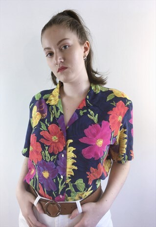 WOMENS VINTAGE 80S BLOUSE MULTICOLOURED FLORAL SHIRT TOP