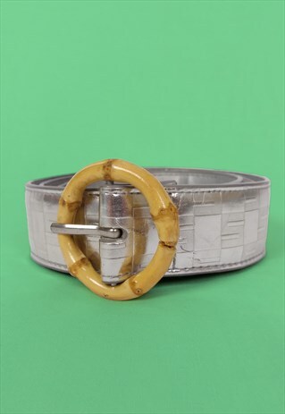VINTAGE 90'S SISLEY SILVER FAUX LEATHER BELT BAMBOO BUCKLE