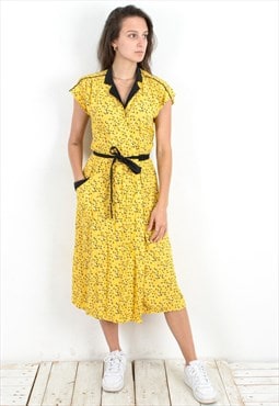 Women's S Wrap Dress Floral Yellow Collared Classy Vintage