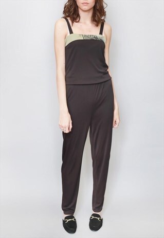 VINTAGE 1980'S SLINKY BLACK PALM PRINT JUMPSUIT