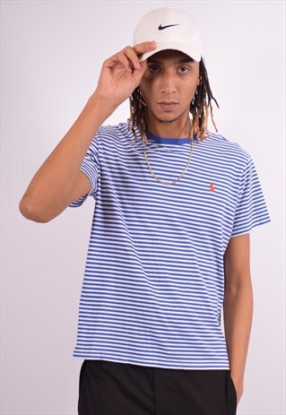POLO RALPH LAUREN MENS VINTAGE T-SHIRT TOP LARGE BLUE STRIPE