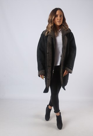 VINTAGE SUEDE SHEEPSKIN SHEARLING COAT UK 14 LARGE (HB3B)