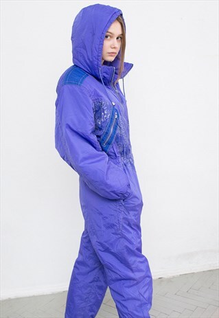VINTAGE SNOWSUIT BRIGHT PURPLE PUFFER HOODED SPORTSWEAR