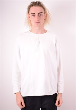 BENETTON MENS VINTAGE TOP LONG SLEEVE LARGE WHITE 90S