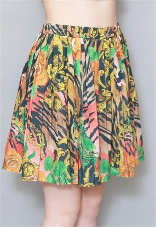 VINTAGE 1990S ANIMAL & FLORAL PRINT PLEATED SKATER SKIRT