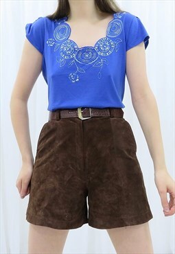 90s Vintage Dark Blue Floral Embroidered Top Blouse