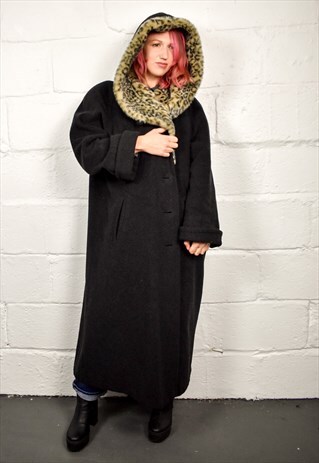 VINTAGE BLACK CASHMERE FAUX FUR COLLAR WINTER COAT