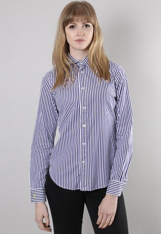 VINTAGE 90S RALPH LAUREN BLUE STRIPE FITTED BLOUSE SHIRT