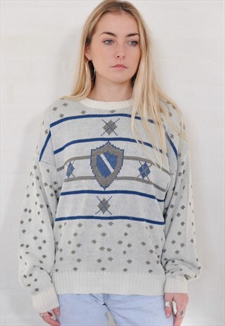 VINTAGE 90'S ABSTRACT PATTERN KNIT CREAM JUMPER