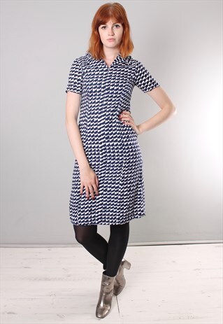VINTAGE 60S GEOMETRIC PATTERNED COLLARED FITTED DRESS