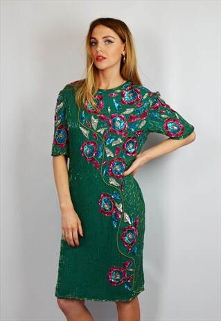 VINTAGE SPARKLY GREEN EMBELLISHED SILK DRESS