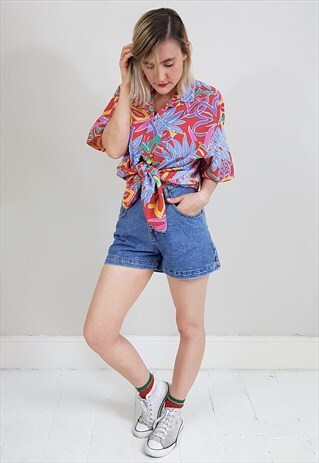 VINTAGE 90'S RED TROPICAL PRINT COTTON MEN'S SHIRT