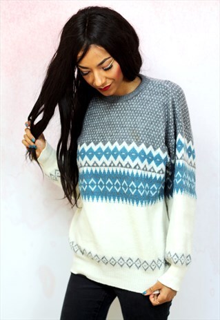 1990S VINTAGE BLUE AND WHITE SNOWFLAKE KNITWEAR JUMPER