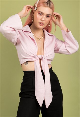 PASTEL PINK LINEN TIE FRONT TAILORED TOP / BLOUSE / SHIRT