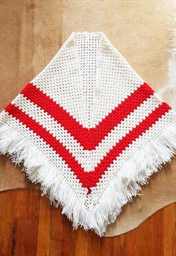 Vintage White and Red Crochet Handmade Poncho