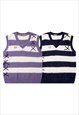 STRIPED SLEEVELESS SWEATER COLOR BLOCK KNITTED GILET PURPLE