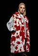 COW PRINT FAUX FUR LONG COAT HOODED SPOT PRINT TRENCH JACKET