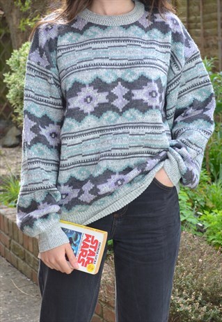 80S VINTAGE GREY AZTEC PATTERN KNIT JUMPER