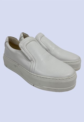 WHITE MONO LEATHER SLIP ON PLATFORM FLAT PLIMSOL TRAINERS