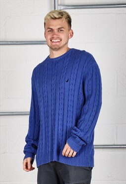Vintage Nautica Jumper in Blue Cable Knitted Sweater XXL