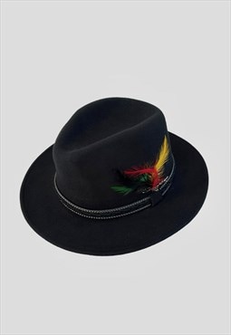 Vintage Style Hat Black Wool Fedora With Feather Ribbon Band