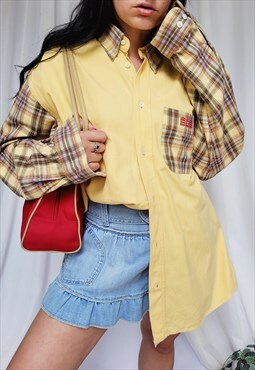90s vintage yellow checked large minimalist oversize shirt