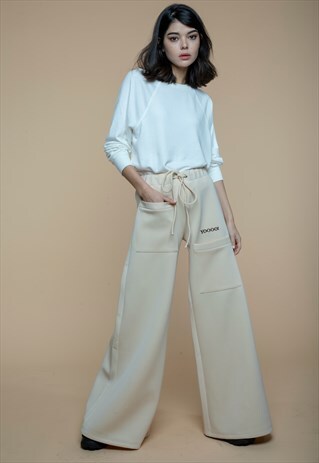 BEIGE WIDE-LEG TRACK PANTS