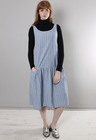 VINTAGE 80S BLUE DENIM STRIPED PINAFORE DRESS