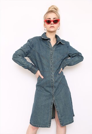 VINTAGE 90S BLUE DENIM LONG SLEEVE SHIRT DRESS