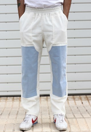 HANDMADE TROUSERS IN WHITE AND BLUE WITH CORDUROY FABRIC