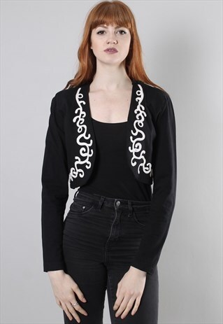 VINTAGE 80S BLACK EMBROIDERED BOLERO SHRUG JACKET TOP