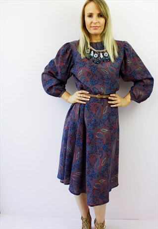 VINTAGE 80'S PAISLEY PRINT BALLOON SLEEVE A LINE MIDI DRESS