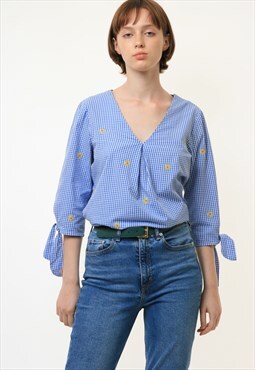 Blue Checked Embroidered Flowers Long Sleeve Shirt 4221