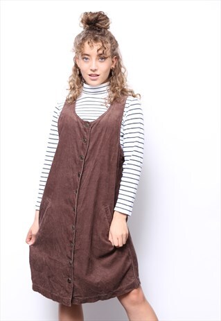 VINTAGE 90S BROWN CORD CORDUROY PINAFORE DRESS