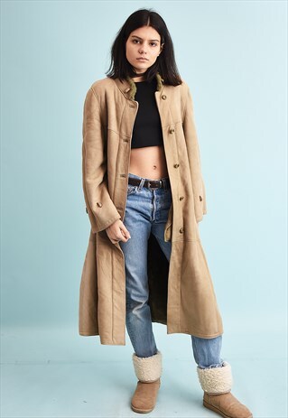 70'S REAL SUEDE & FAUX FUR DETAILING SHEARLING SHERPA COAT