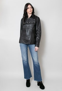 70's Leather Black Top Jacket Long Sleeve Shirt Popper