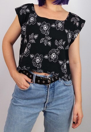 VINTAGE 90'S OVERSIZED BOXY T-SHIRT FLOWERS EMBROIDERY