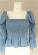 Blue Cottage Core Puff Sleeve Blouse, Small Size