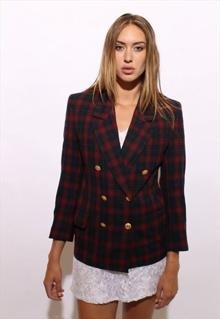 VINTAGE 1990'S 90'S PLAID DOUBLE BREASTED BLAZER TARTAN M-L