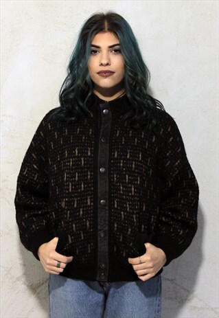BLACK VINTAGE FALCARO LEATHER PATCH PADDED CARDIGAN A346