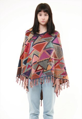 70S VINTAGE UNKNIWN AZTEC PONCHO CAPE KNITWEAR 402