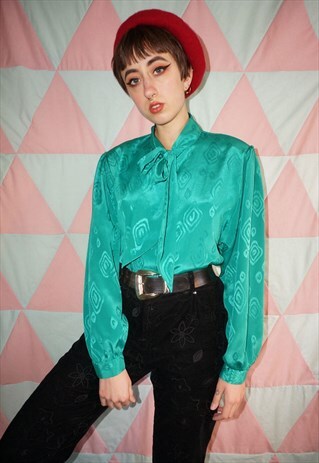 VINTAGE 80S BRIGHT GREEN PUSSY BOW BLOUSE