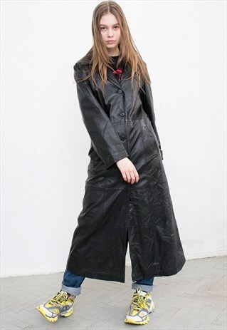 VINTAGE BLACK REAL LEATHER MAXI COAT BUTTON UP OVERSIZED