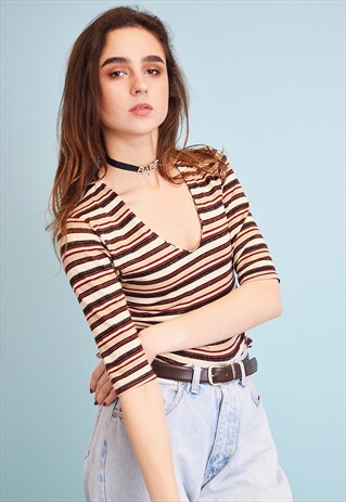 90'S RETRO STRIPED KITSCH LYCRA PARTY SHIMMER TOP BLOUSE