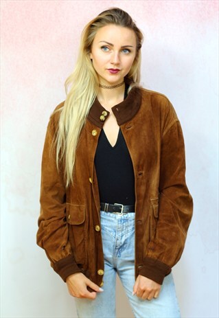 1980S VINTAGE DARK TAN REAL SUEDE OVERSIZED BOMBER JACKET