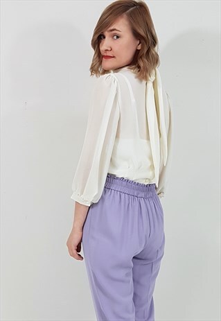 VINTAGE 80'S CREAM BACK TIE NECK BACK BUTTON SHEER BLOUSE