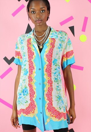 VINTAGE BLOUSE SHIRT Y2K BAROQUE IN BABY BLUE PINK RED