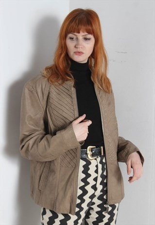 VINTAGE 90'S FAUX LEAHER ZIP UP DENIM JACKET BROWN