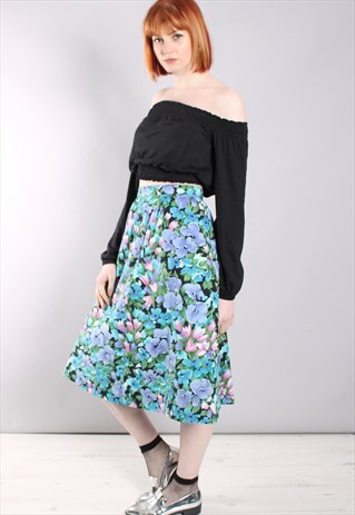 VINTAGE 80S BRIGHT FLORAL PATTERNED A-LINE MIDI SKIRT